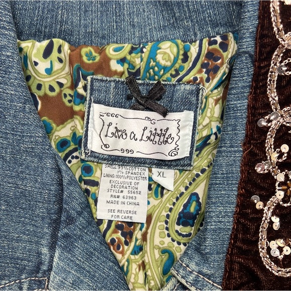 Christopher & Banks Denim Jacket w/ Velvet/Sequin Trim - dark wash/paisley, XL - Picture 3 of 8